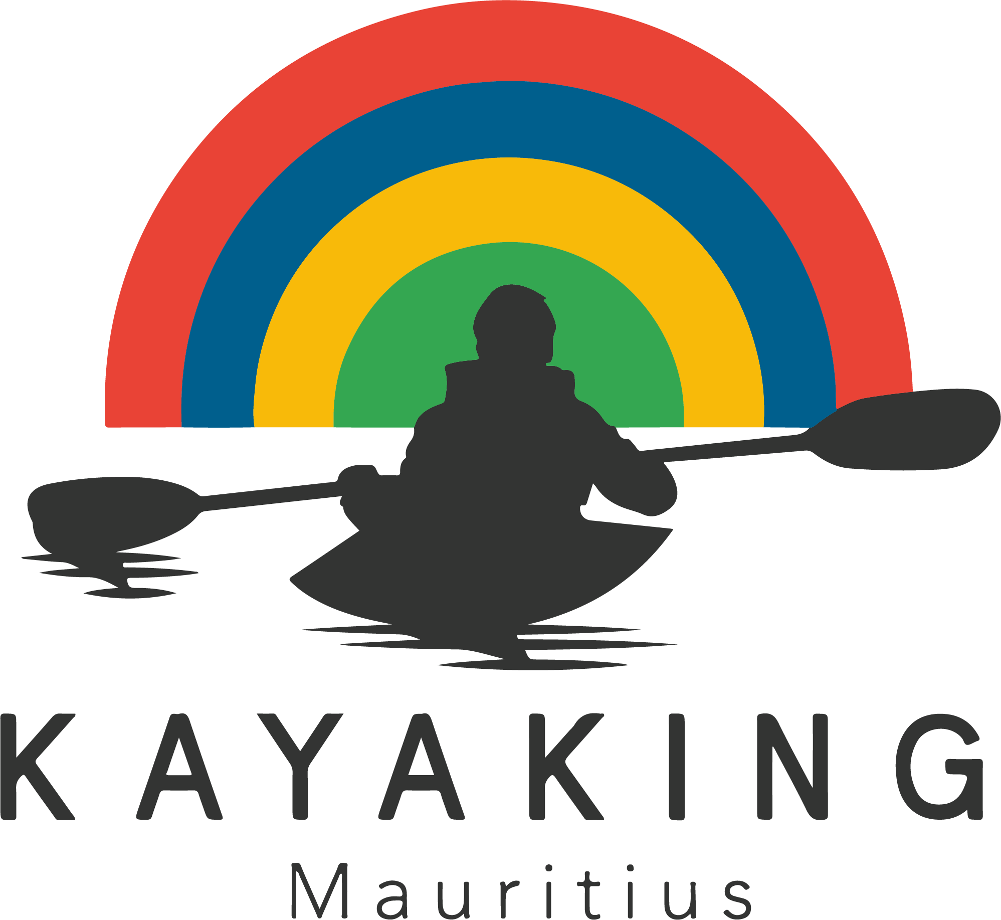 Logo of our company Kayaking Mauritius. It has a mauritian flag as a rainbow in the background and a person kayaking in the foreground