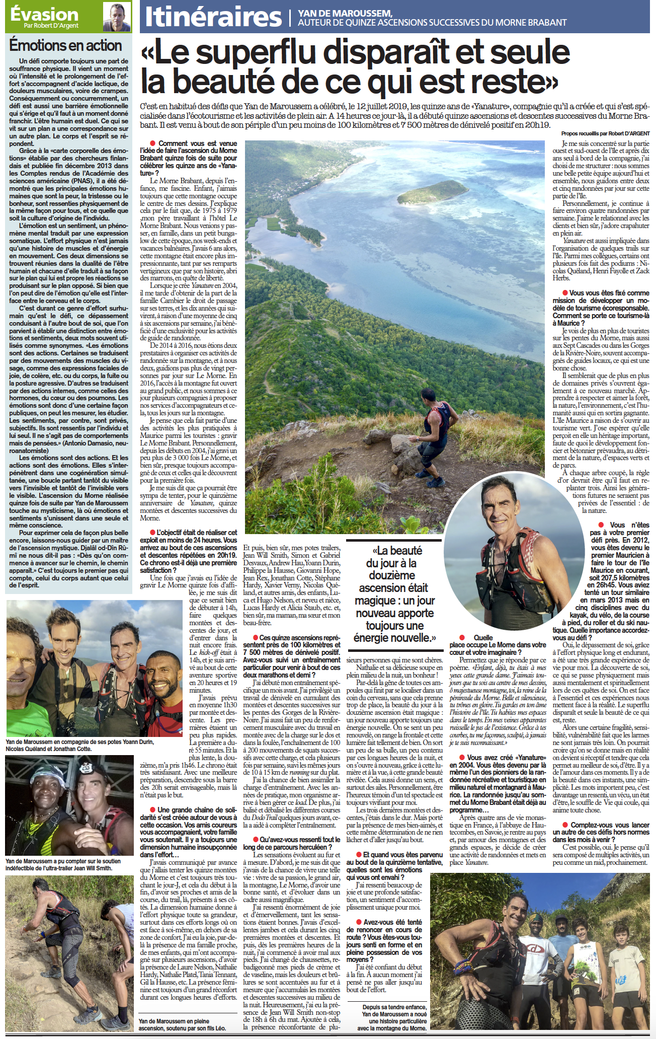 Interview From L'express about Yan de Maroussem 15 ascents of Le Morne Brabant